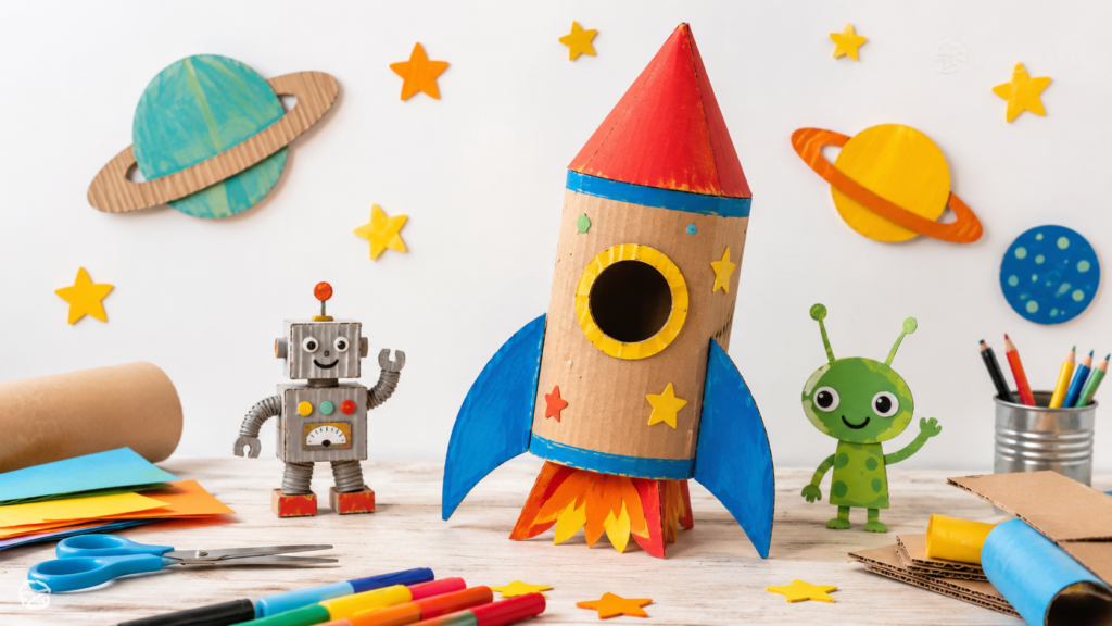 Cohete de cartón reciclado para niños con planetas, estrellas, robot y alien de papel