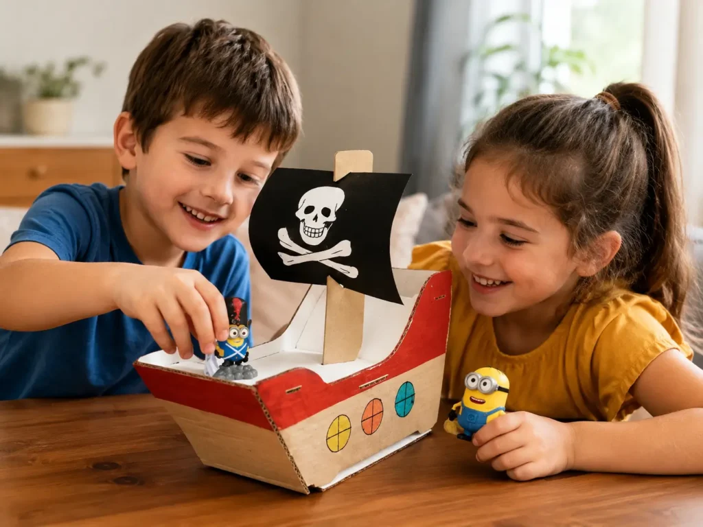 Niño y niña jugando con un barco pirata de cartón hecho con materiales reciclados.