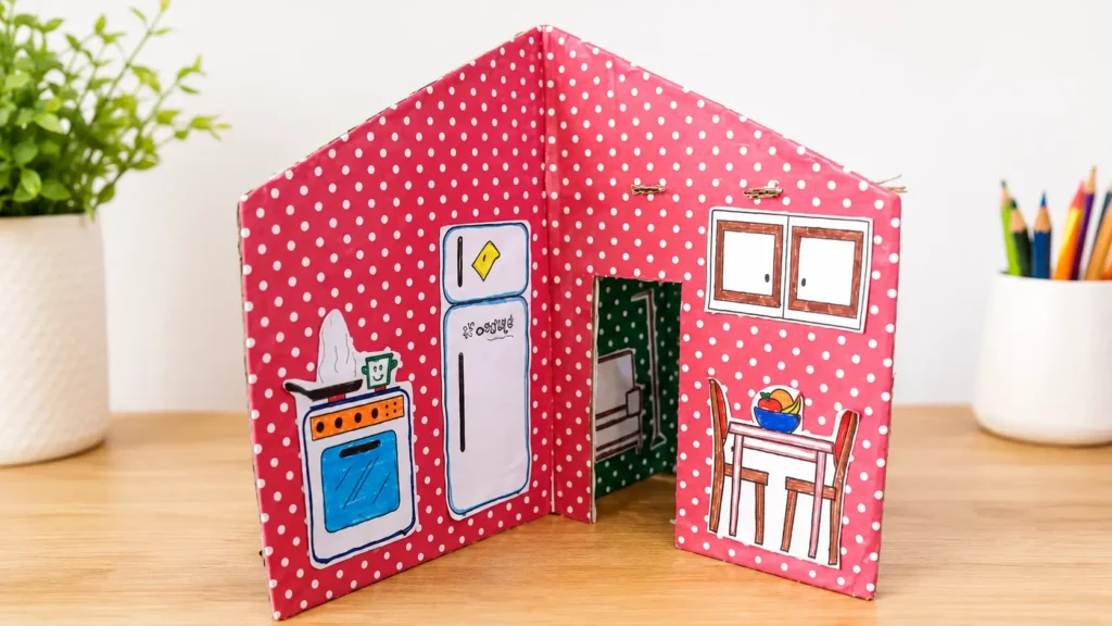 Casa para muñecas de cartón hecha con materiales reciclados y decorada con ambientes.