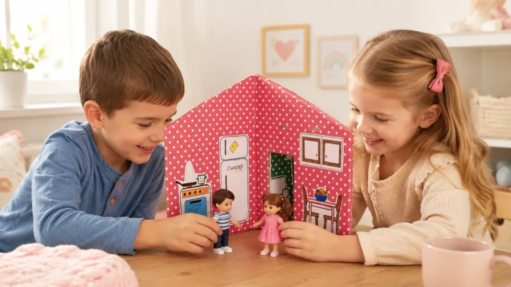 Niño y niña jugando con una casa para muñecas de cartón reciclado.
