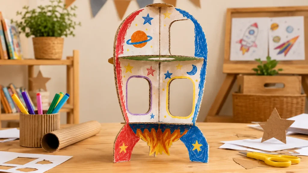 Cohete de cartón para niños pintado con lápices y témperas.