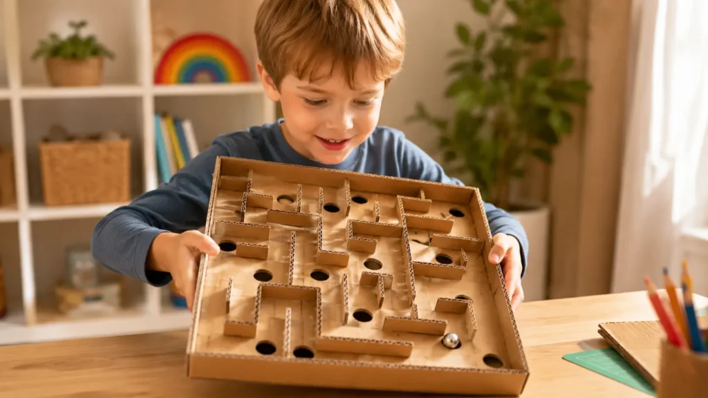 Niño jugando con un laberinto de cartón reciclado con canicas.