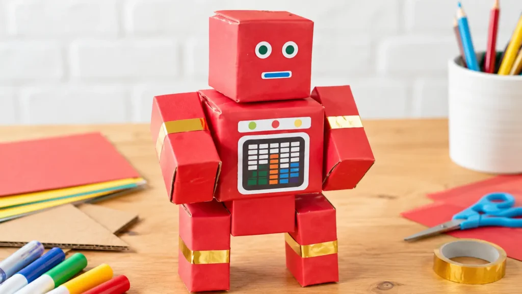 Robot de cartón para niños hecho con cartón reciclado y materiales de manualidades.